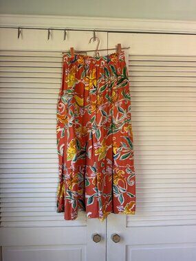 Burnt Orange Floral Tiered Maxi Skirt — Size Medium, Elastic Waist